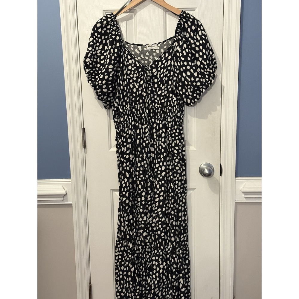 Kindred Black & White Boho Puff Sleeve Maxi Dress Size 2X  Elastic Waist Classic